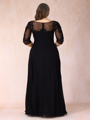 A-Line/Princess V-Neck 3/4 Sleeves Long Formal Plus Size Evening Dresses with Beading & Appliques