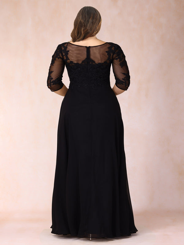 A-Line/Princess V-Neck 3/4 Sleeves Long Formal Plus Size Evening Dresses with Beading & Appliques