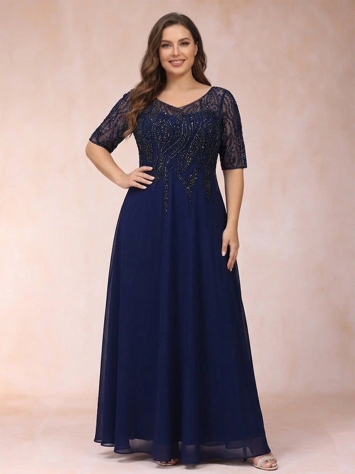 A-Line/Princess V-Neck Half Sleeves Long Formal Plus Size Evening Dresses with Beading
