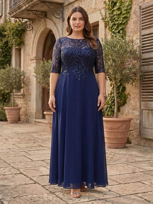A-Line/Princess Sheer Neck Half Sleeves Plus Size Mother of the Bride Dresses with Beading & Sequins