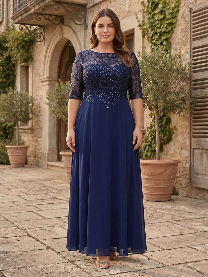 A-Line/Princess Sheer Neck Half Sleeves Plus Size Mother of the Bride Dresses with Beading &amp; Sequins