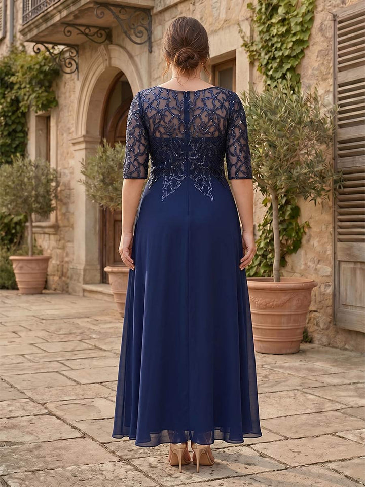A-Line/Princess Sheer Neck Half Sleeves Plus Size Mother of the Bride Dresses with Beading &amp; Sequins