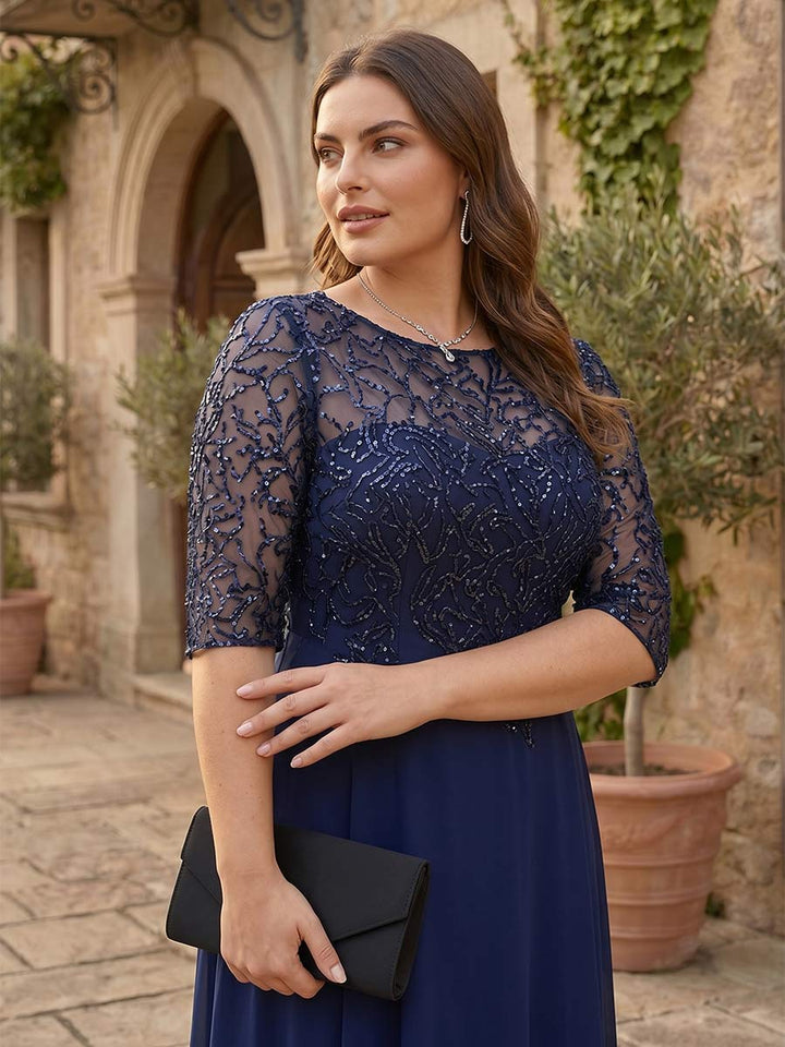 A-Line/Princess Sheer Neck Half Sleeves Plus Size Mother of the Bride Dresses with Beading &amp; Sequins
