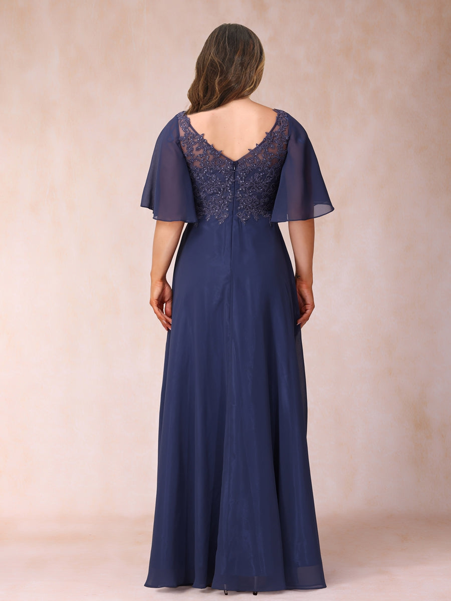 A-Line/Princess V-Neck Half Sleeves Long Formal Plus Size Evening Dresses with Beading &amp; Appliques