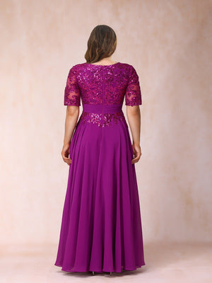 A-Line/Princess V-Neck Half Sleeves Long Formal Plus Size Evening Dresses with Sequins
