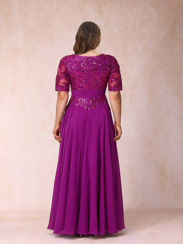 A-Line/Princess V-Neck Half Sleeves Long Formal Plus Size Evening Dresses with Sequins