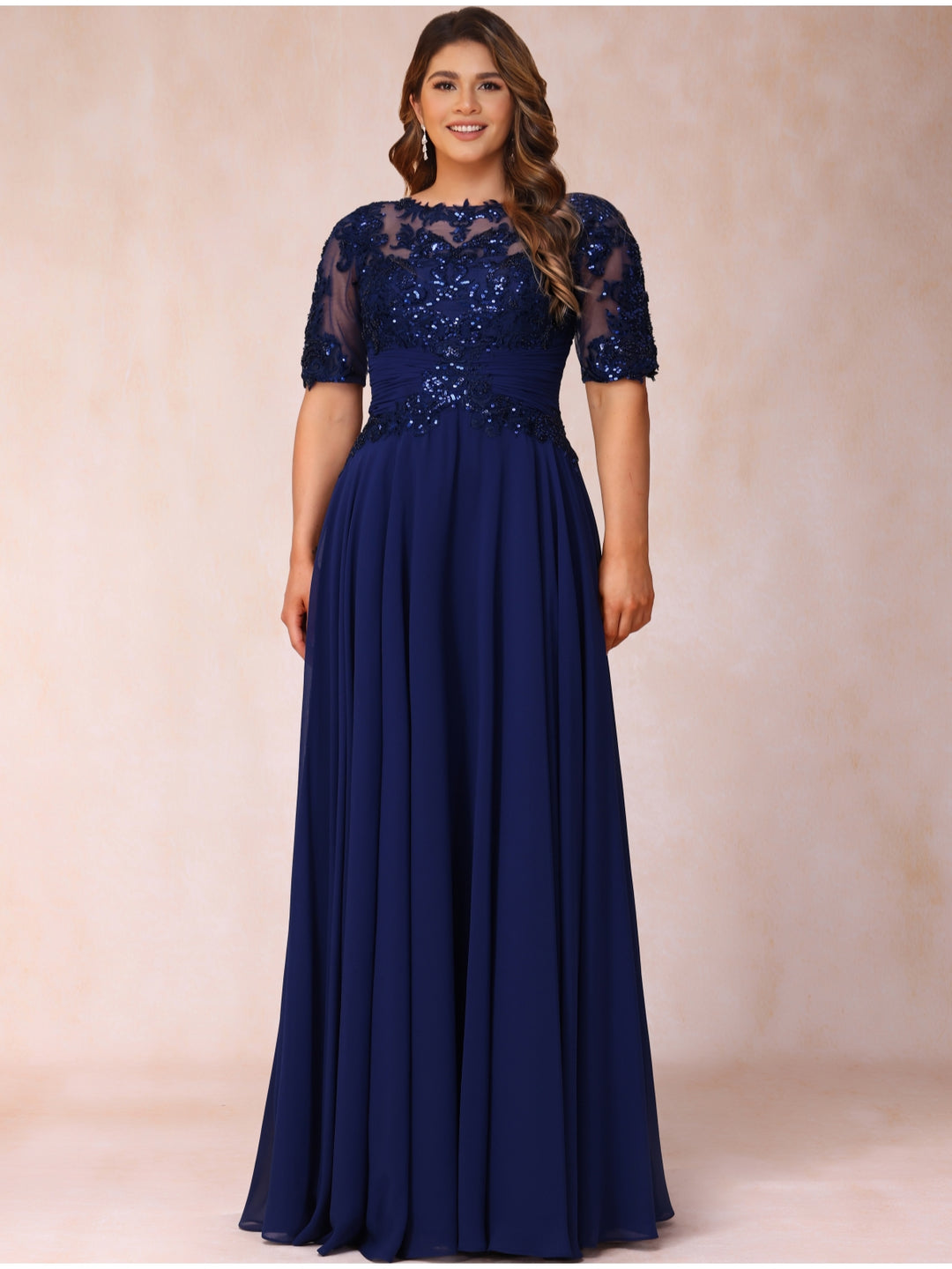 Navy Blue Mother of the Groom Dresses Women's A-Line Sheer Neck Half Sleeves Long Chiffon Plus Size Formal Evening Gowns with Sequins