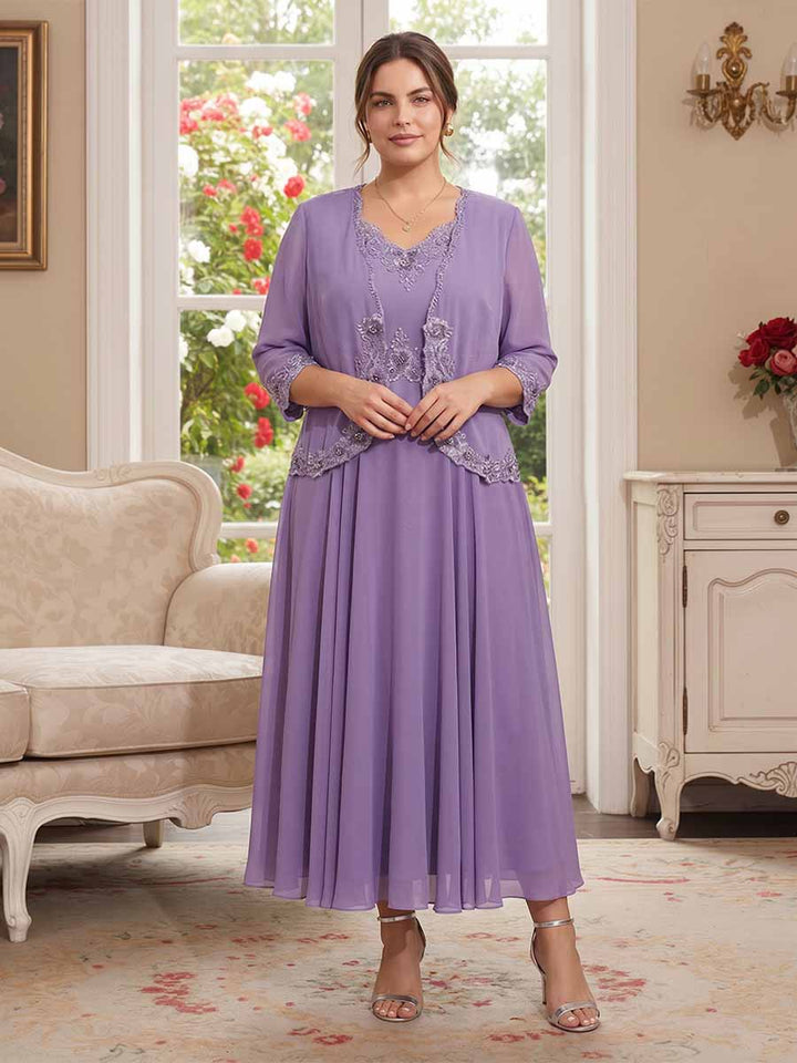 A-Line/Princess V-Neck Sleeveless Long Formal Plus Size Evening Dresses with Appliques &amp; Jacket