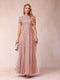 A-Line/Princess Sheer Neck Short Sleeves Long Formal Evening Dresses with Appliques