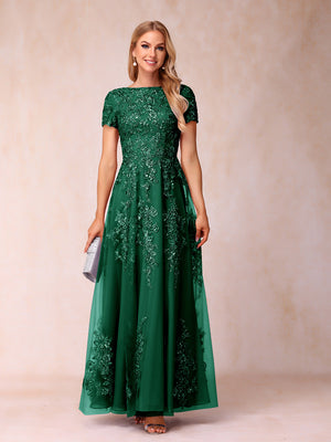 A-Line/Princess Sheer Neck Short Sleeves Long Formal Evening Dresses with Appliques