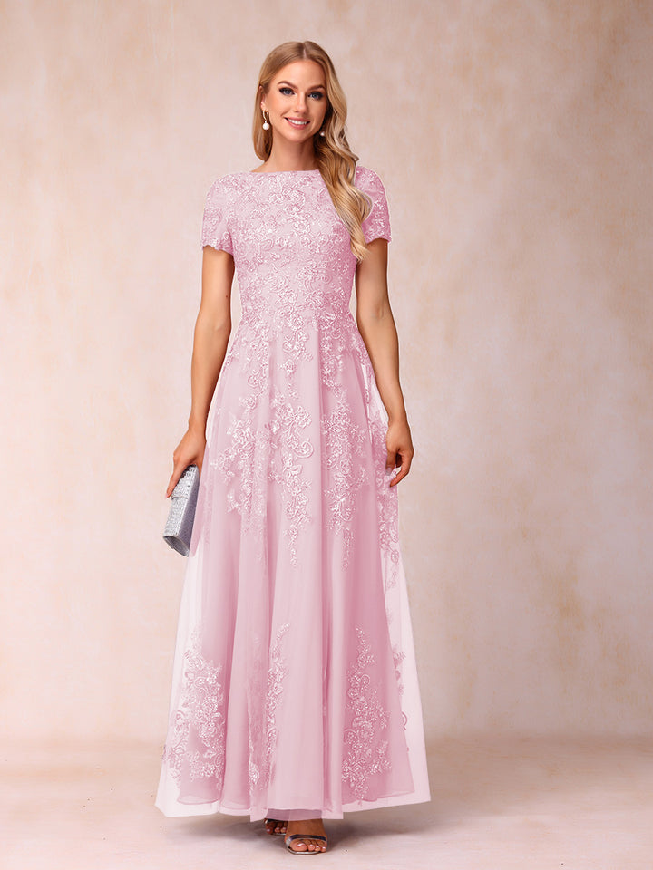 A-Line/Princess Sheer Neck Short Sleeves Long Formal Evening Dresses with Appliques