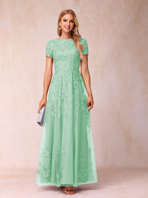 A-Line/Princess Sheer Neck Short Sleeves Long Formal Evening Dresses with Appliques