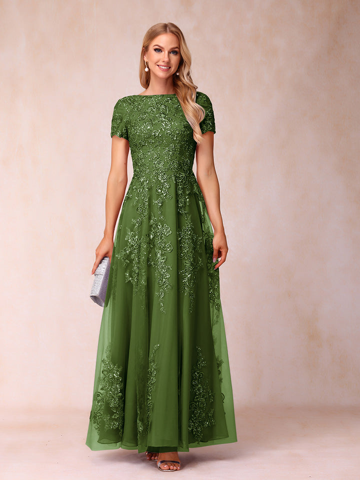 A-Line/Princess Sheer Neck Short Sleeves Long Formal Evening Dresses with Appliques