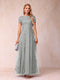 A-Line/Princess Sheer Neck Short Sleeves Long Formal Evening Dresses with Appliques