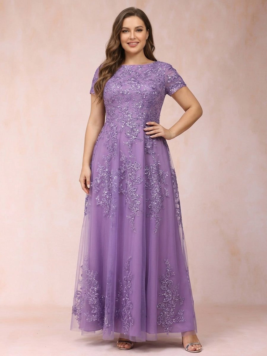 A-Line/Princess Sheer Neck Short Sleeves Long Formal Plus Size Evening Dresses with Appliques