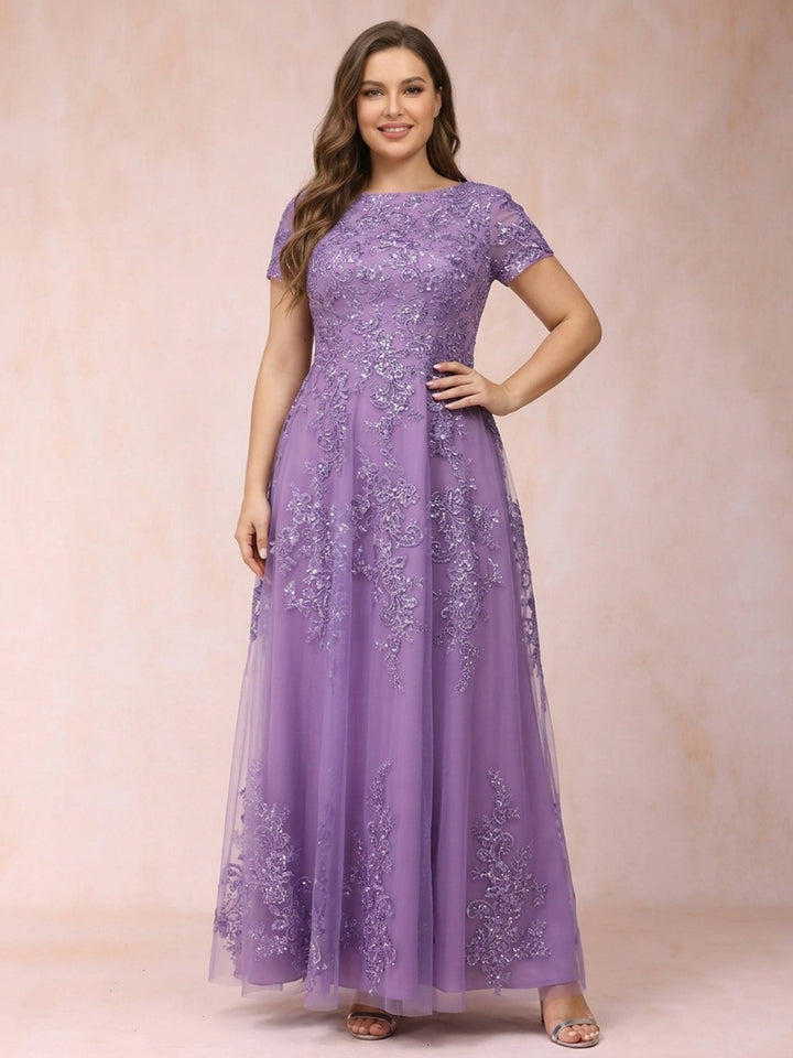 A-Line/Princess Sheer Neck Short Sleeves Long Formal Plus Size Evening Dresses with Appliques