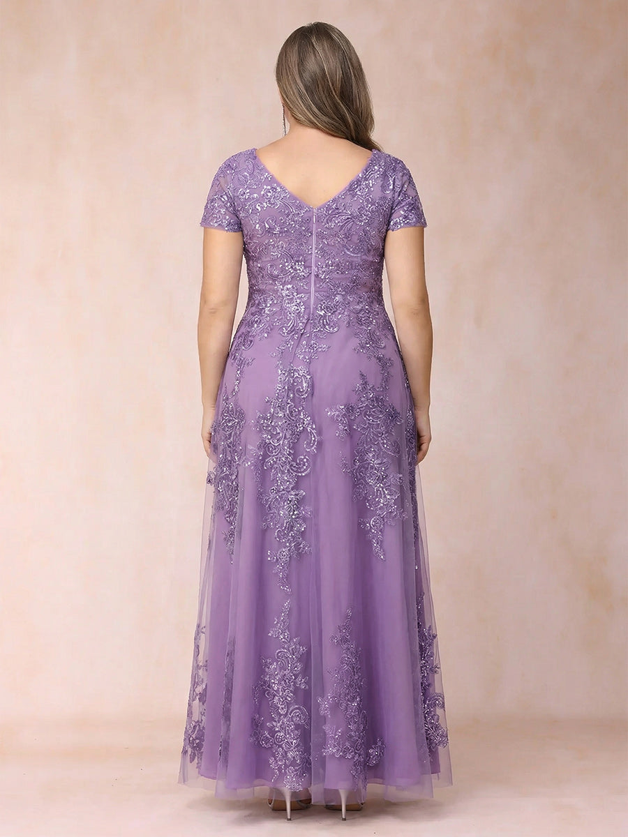 A-Line/Princess Sheer Neck Short Sleeves Long Formal Plus Size Evening Dresses with Appliques