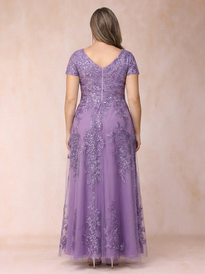 A-Line/Princess Sheer Neck Short Sleeves Long Formal Plus Size Evening Dresses with Appliques