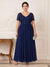 A-Line/Princess V-Neck Short Sleeves Long Formal Plus Size Mother of the Bride Dresses with Beading & Appliques