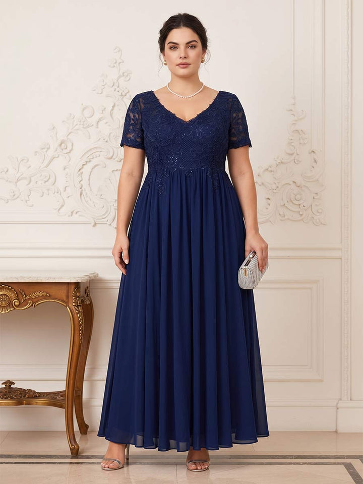 A-Line/Princess V-Neck Short Sleeves Long Formal Plus Size Mother of the Bride Dresses with Beading &amp; Appliques