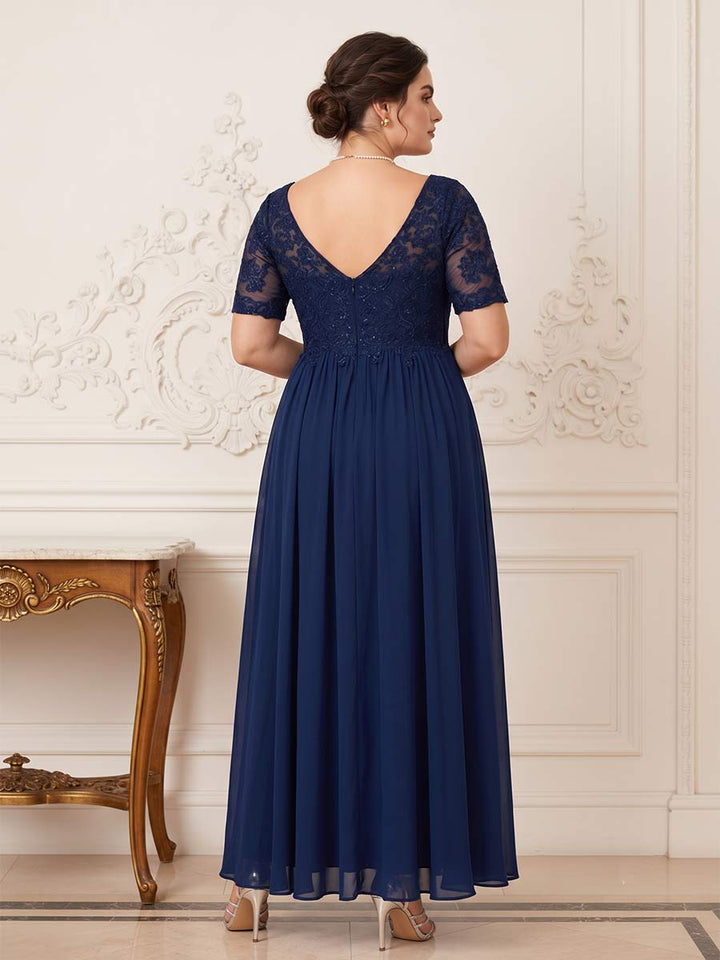 A-Line/Princess V-Neck Short Sleeves Long Formal Plus Size Mother of the Bride Dresses with Beading &amp; Appliques
