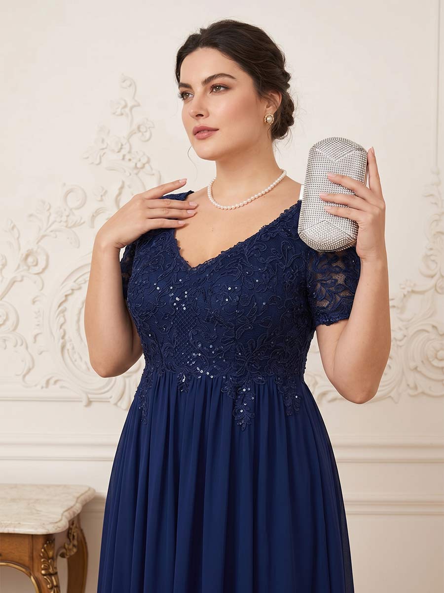 A-Line/Princess V-Neck Short Sleeves Long Formal Plus Size Mother of the Bride Dresses with Beading &amp; Appliques