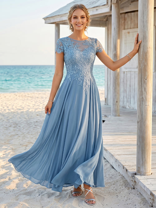 A-Line/Princess Sheer Neck Short Sleeves Long Mother of the Bride Dresses With Appliques