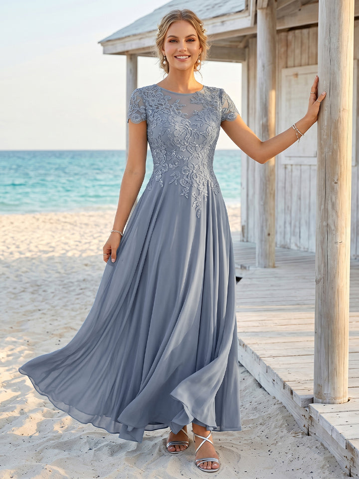 A-Line/Princess Sheer Neck Short Sleeves Long Mother of the Bride Dresses With Appliques