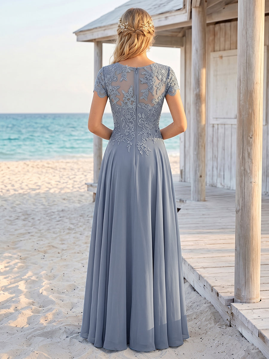 A-Line/Princess Sheer Neck Short Sleeves Long Mother of the Bride Dresses With Appliques