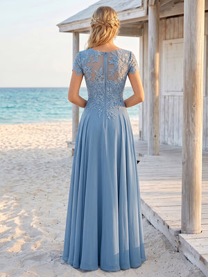 A-Line/Princess Sheer Neck Short Sleeves Long Mother of the Bride Dresses With Appliques