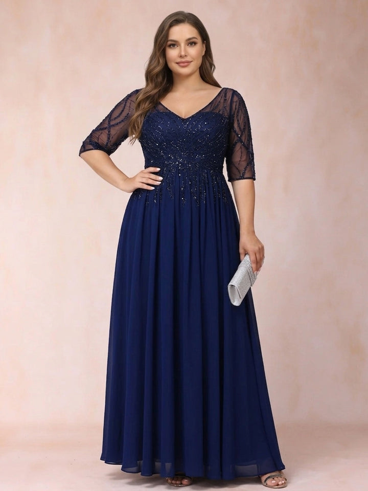 A-Line/Princess V-Neck Half Sleeves Long Formal Plus Size Evening Dresses with Beading