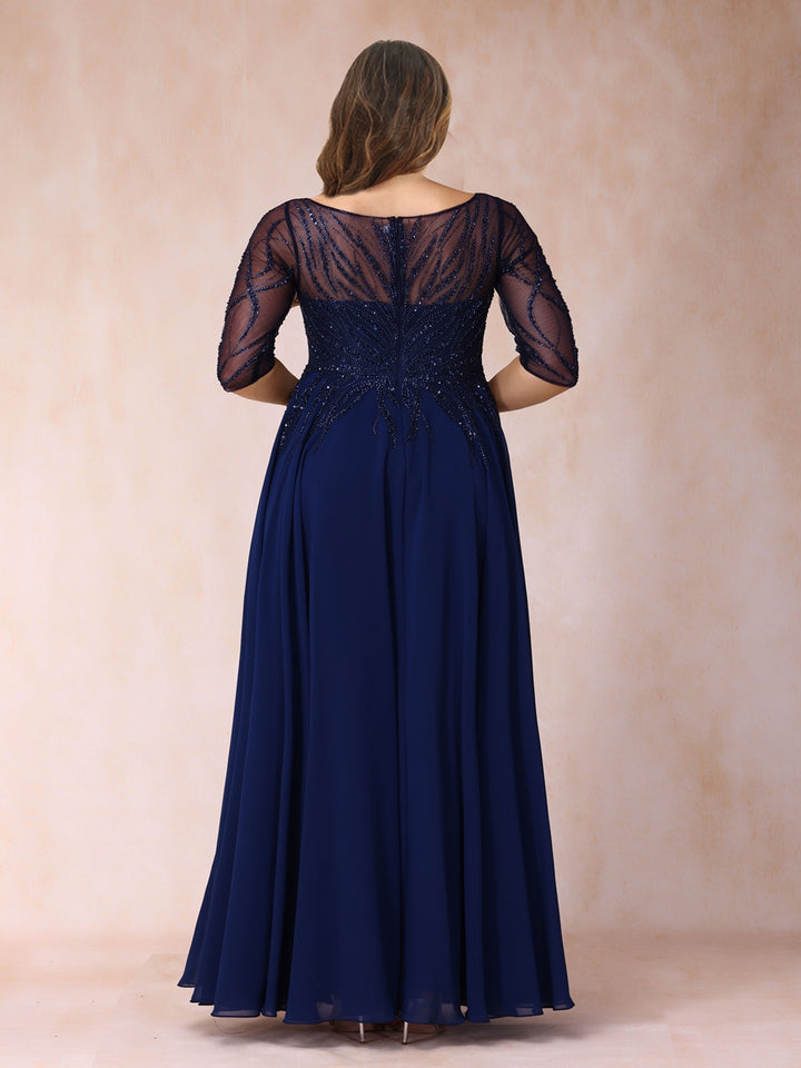 A-Line/Princess V-Neck Half Sleeves Long Formal Plus Size Evening Dresses with Beading