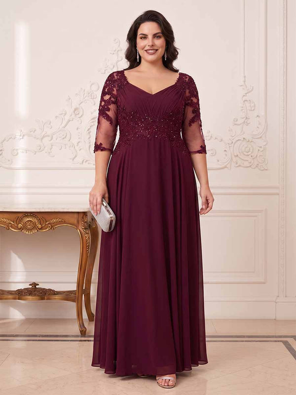 A-Line/Princess V-Neck 3/4 Sleeves Long Formal Plus Size Evening Dresses with Beading
