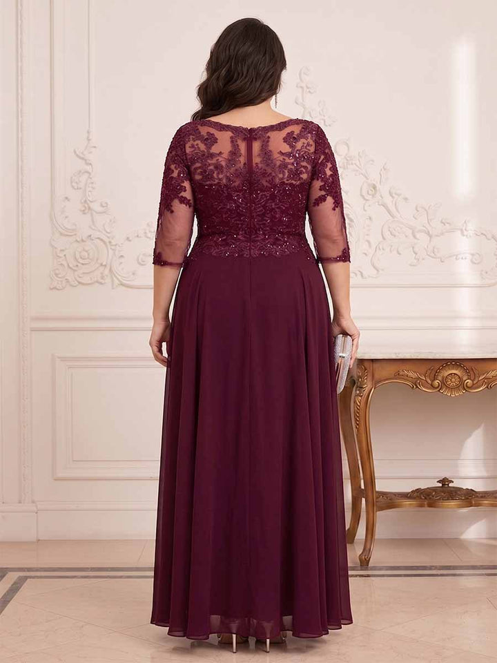 A-Line/Princess V-Neck 3/4 Sleeves Long Formal Plus Size Evening Dresses with Beading