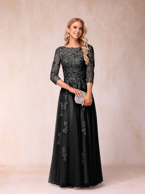 A-Line/Princess Sheer Neck Half Sleeves Long Formal Evening Dresses with Beading & Appliques