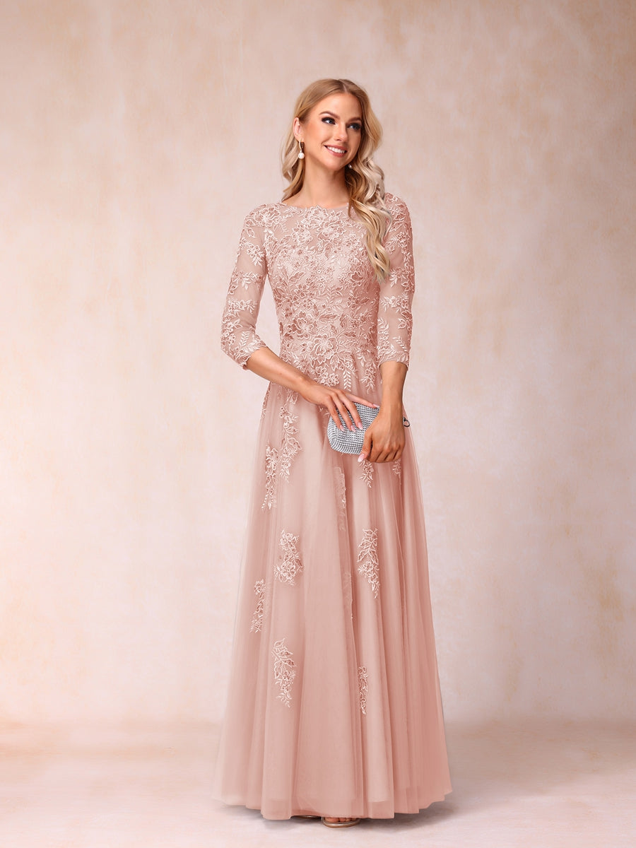 Lavetir Pearl Pink A-Line/Princess Sheer Neck Half Sleeves Long Formal Evening Dresses with Beading & Appliques 2026