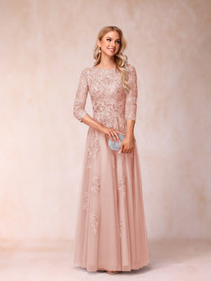A-Line/Princess Sheer Neck Half Sleeves Long Formal Evening Dresses with Beading & Appliques