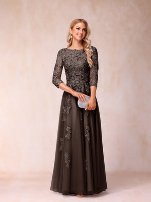 A-Line/Princess Sheer Neck Half Sleeves Long Formal Evening Dresses with Beading & Appliques