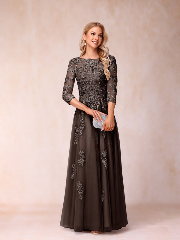 A-Line/Princess Sheer Neck Half Sleeves Long Formal Evening Dresses with Beading & Appliques