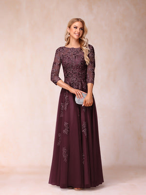 A-Line/Princess Sheer Neck Half Sleeves Long Formal Evening Dresses with Beading & Appliques