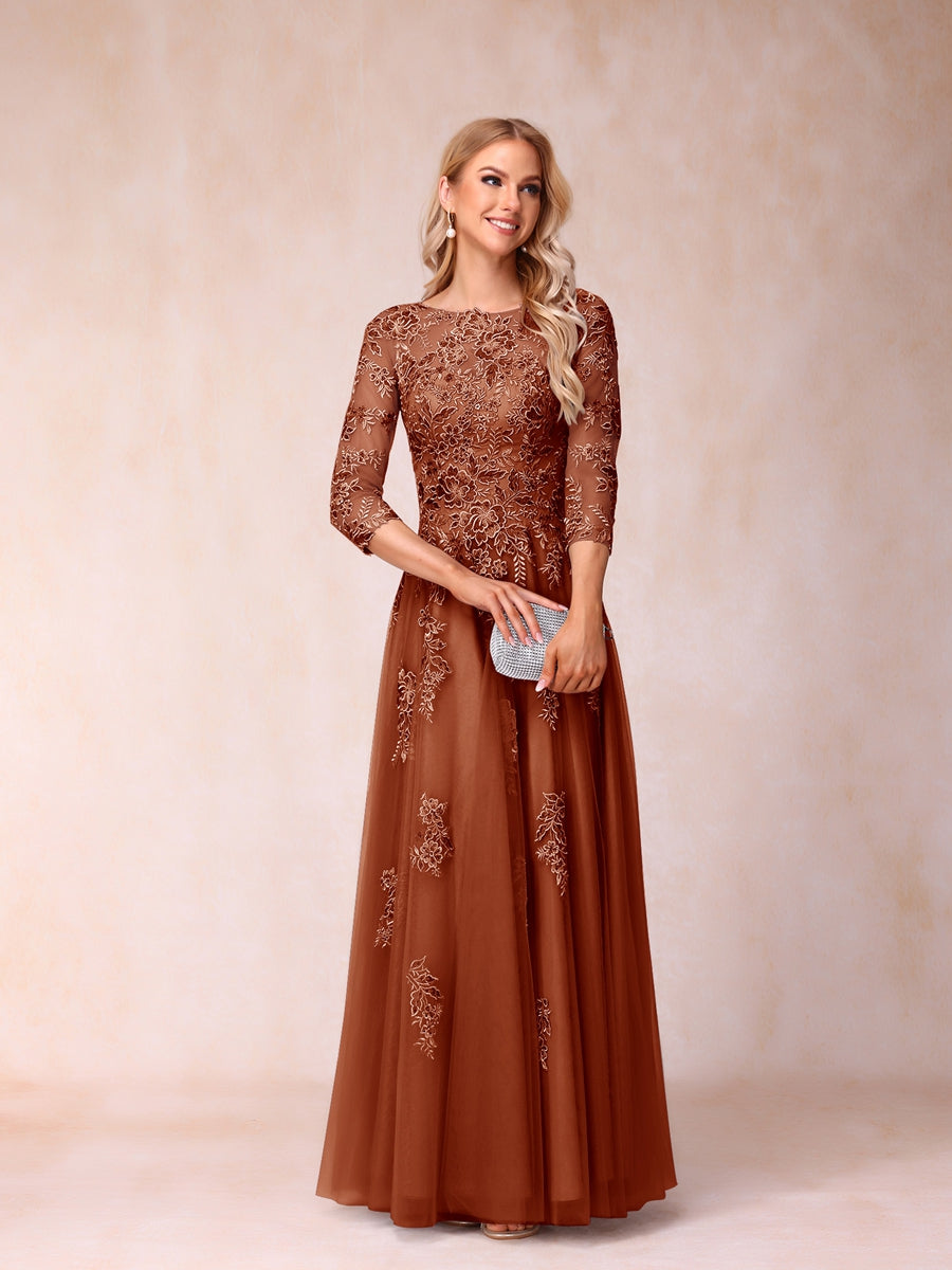 A-Line/Princess Sheer Neck Half Sleeves Long Formal Evening Dresses with Beading &amp; Appliques