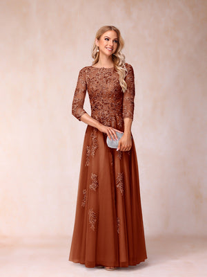 A-Line/Princess Sheer Neck Half Sleeves Long Formal Evening Dresses with Beading & Appliques