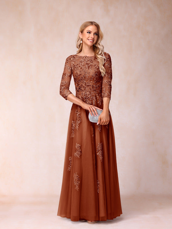 A-Line/Princess Sheer Neck Half Sleeves Long Formal Evening Dresses with Beading & Appliques