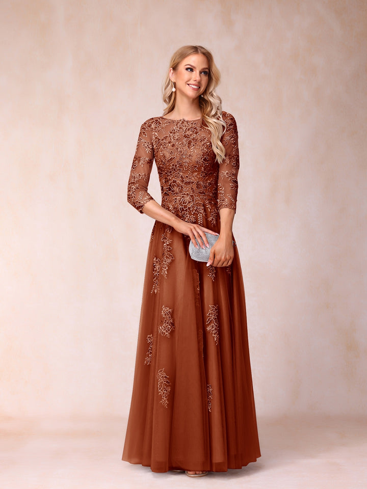 A-Line/Princess Sheer Neck Half Sleeves Long Formal Evening Dresses with Beading &amp; Appliques