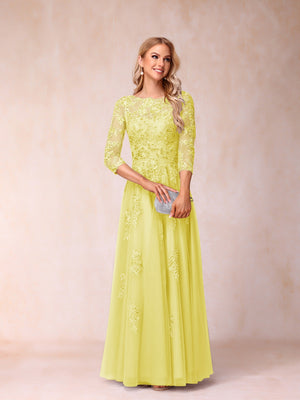 A-Line/Princess Sheer Neck Half Sleeves Long Formal Evening Dresses with Beading & Appliques