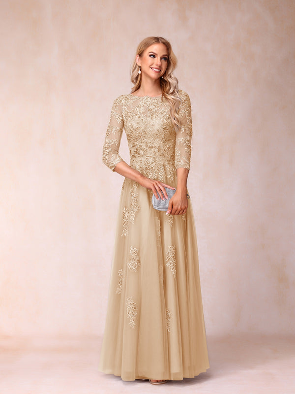 A-Line/Princess Sheer Neck Half Sleeves Long Formal Evening Dresses with Beading & Appliques