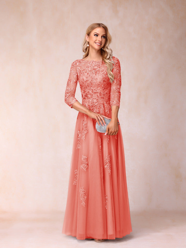 A-Line/Princess Sheer Neck Half Sleeves Long Formal Evening Dresses with Beading &amp; Appliques