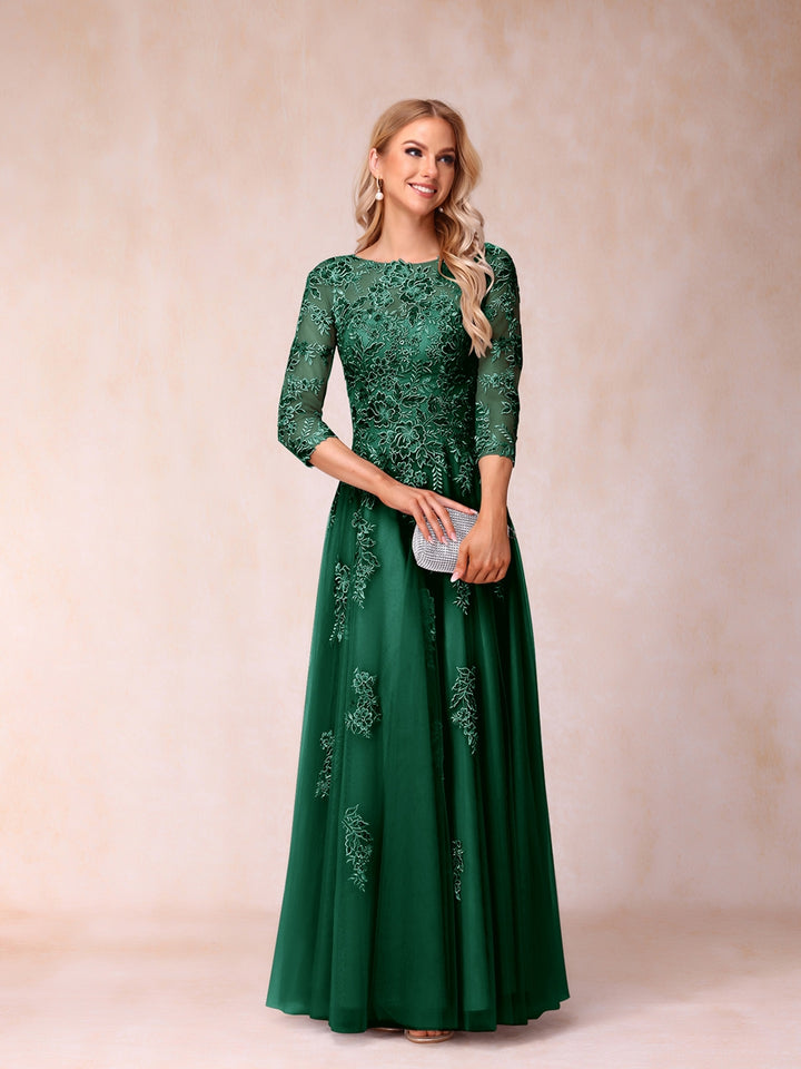 A-Line/Princess Sheer Neck Half Sleeves Long Formal Evening Dresses with Beading &amp; Appliques