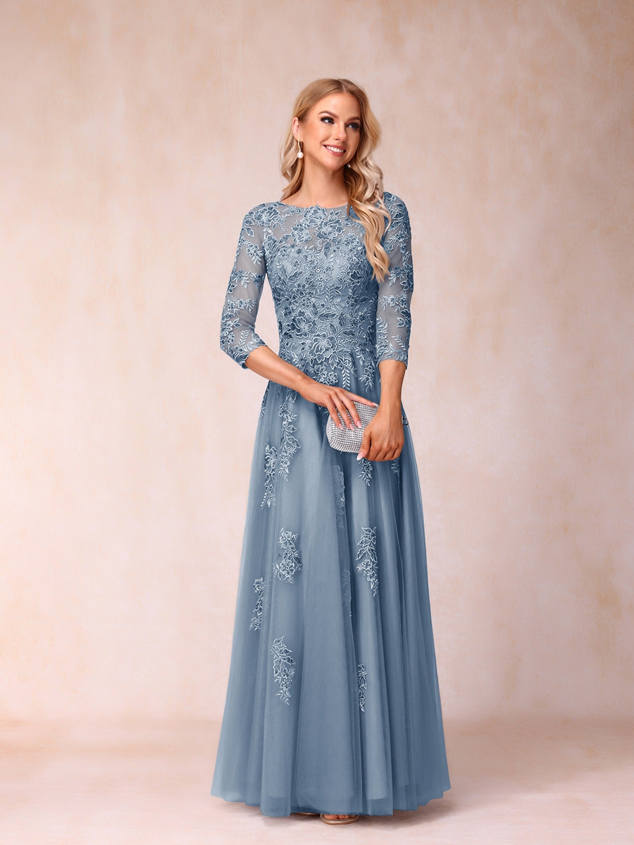 A-Line/Princess Sheer Neck Half Sleeves Long Formal Evening Dresses with Beading &amp; Appliques