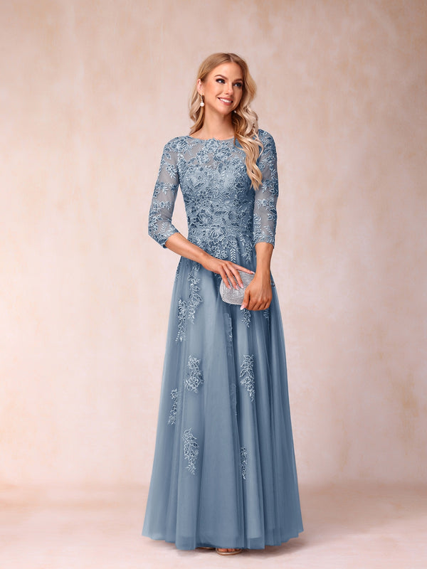 A-Line/Princess Sheer Neck Half Sleeves Long Formal Evening Dresses with Beading & Appliques